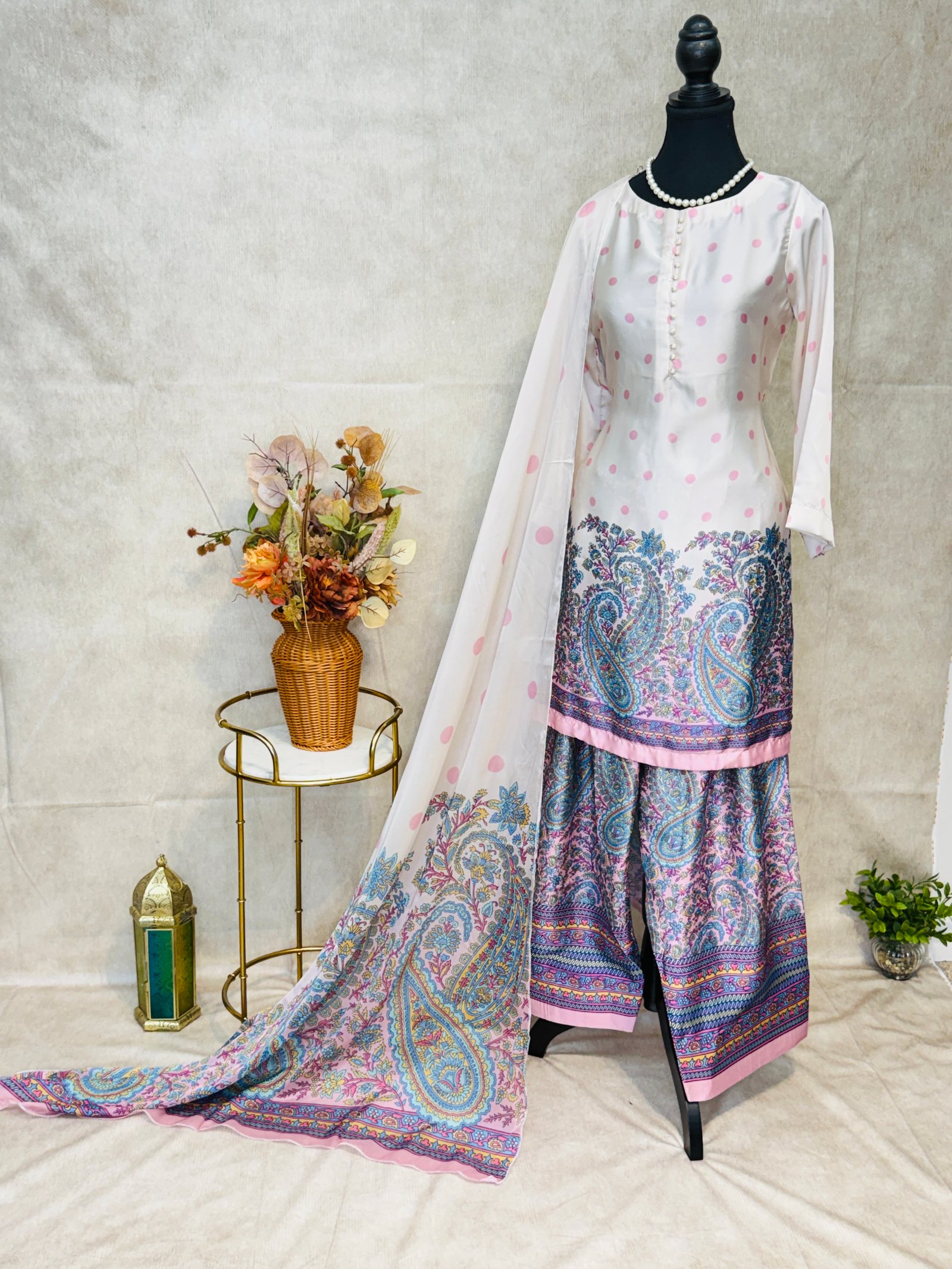 Ivory & Blush Pink Paisley Printed Farshi Salwar Suit